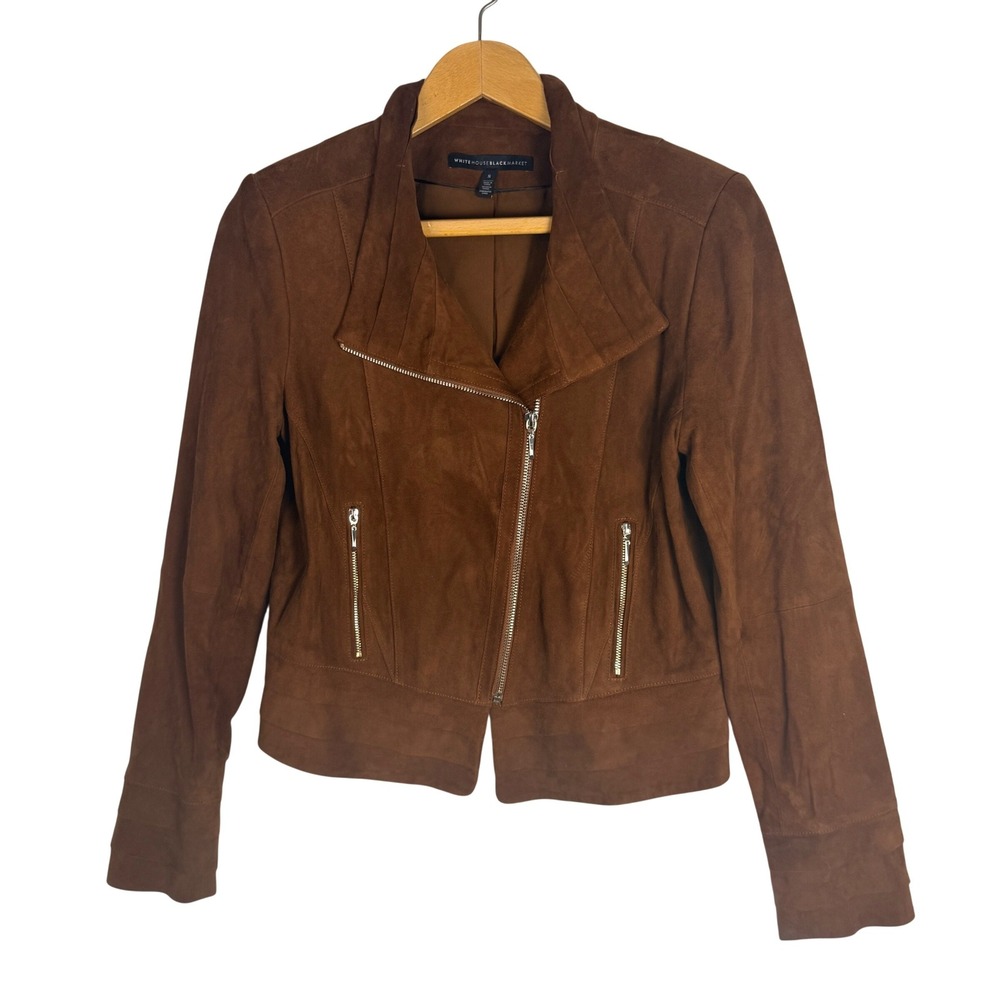 White House Black Market Cognac Brown Genuine Suede Leather Moto Jacket Small